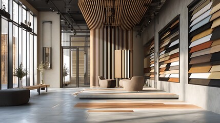 Modern interior of a flooring material showroom with wooden samples on display, 3D render. .