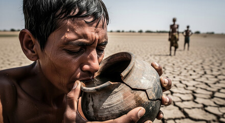 A person drinks water during a severe drought and the lack of drinking water forces people to endure scorching heat and hunger, desperately
