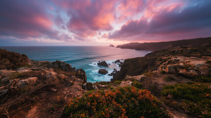 Dramatic Scenic Seascape Sunrise Coastline Landscape with Vibrant Sky Colors