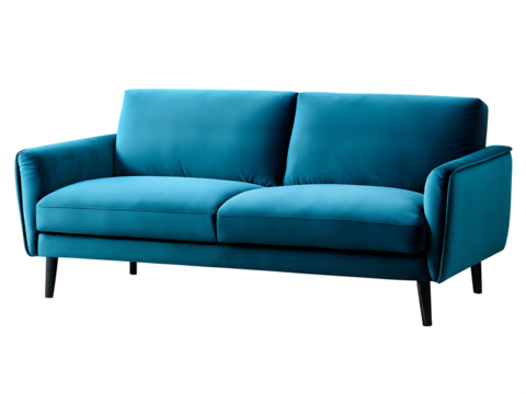 Teal velvet sofa isolated on a transparent background