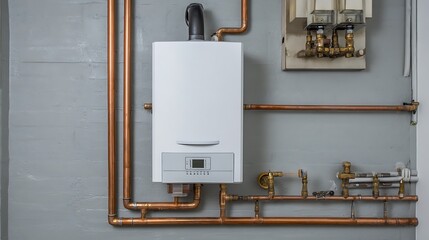 modern tankless water heater installed in a basement, the unit is connected to copper pipes and is mounted on a wall in a clean, organized utility room. Tsleek design and .