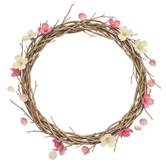 Elegant spring wreath made of natural intertwined twigs and adorned with delicate pink and white blossoms, creating a circular floral frame isolated on white.