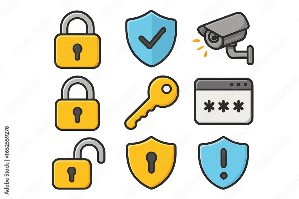 Poster security icon set for web and data protection. concept of internet safety and privacy. vector collec
