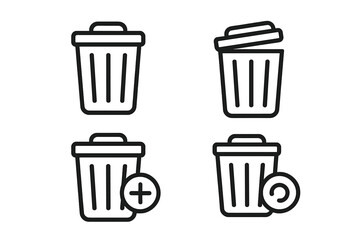 Trash can line icon set. Vector symbols for delete, remove, and rubbish. UI UX web design elements. Includes open, closed, add to trash, and restore icons.