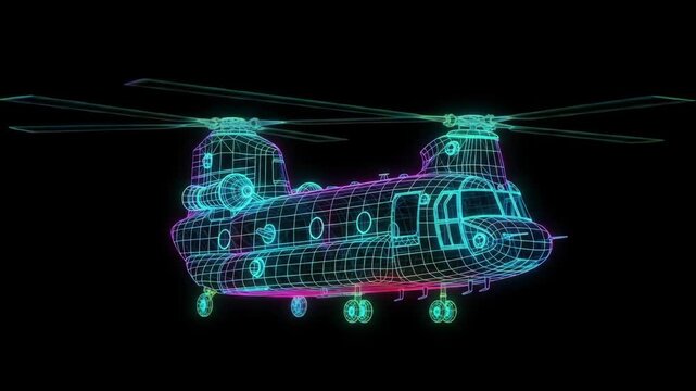 Neon Wireframe CH-47 Chinook Helicopter - A vibrant, neon-colored wireframe model of a CH-47 Chinook helicopter is displayed against a black background.