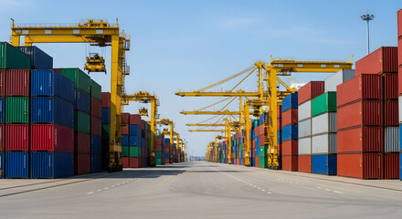 Fototapeta premium Shipping Containers and Cranes at a Commercial Port, Global Trade Logistics