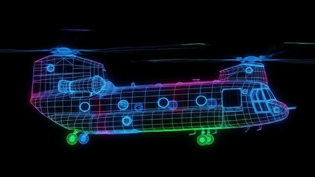 Neon Wireframe CH-47 Chinook Helicopter - A vibrant, neon-colored wireframe model of a CH-47 Chinook helicopter is showcased against a black background.