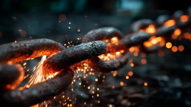 The chain is made of metal and is burning brightly. Macro closeup broken steel chain with glowing orange-red sparks, supply chain disruption, dark metallic crisis mood