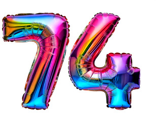 数字の74の形のホログラムカラーの風船（Number 74 hologram color foil balloon on white background）
