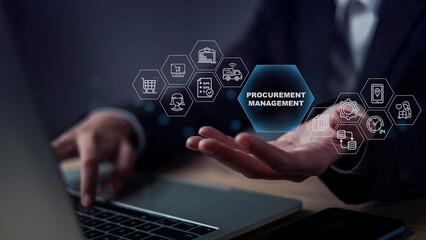 Procurement management and supplier integration concept showing businessperson using digital system to streamline purchasing, vendor coordination, and supply chain performance in modern enterprises.