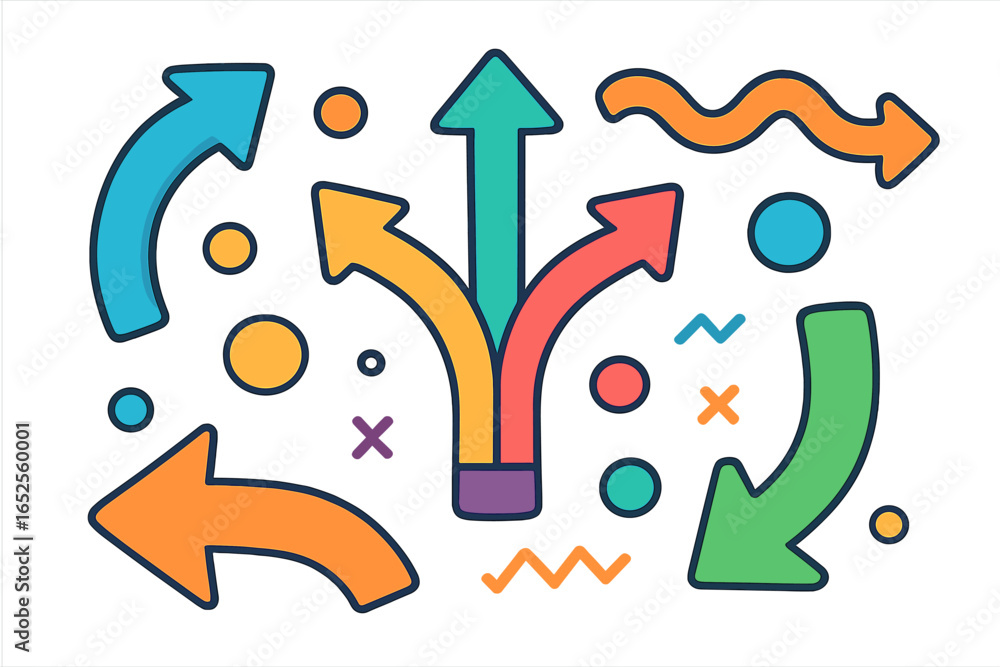 Poster set of colorful arrows. abstract doodle elements for infographics. different direction, choice and o
