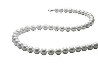 Broken pearl necklace with perfectly spherical white pearls disintegrating into iridescent dust on a pristine transparent studio background, fragile beauty and transformation concept