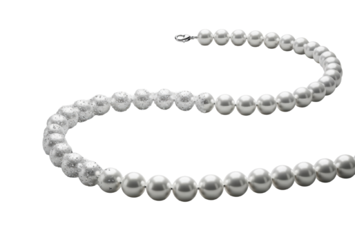 Broken pearl necklace with perfectly spherical white pearls disintegrating into iridescent dust on a pristine transparent studio background, fragile beauty and transformation concept