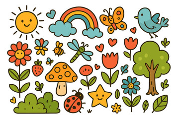Cute cartoon nature elements set with sun, rainbow, flower, butterfly, bird, ladybug, mushroom. Hand drawn doodle illustration. Kawaii spring summer icons vector collection.