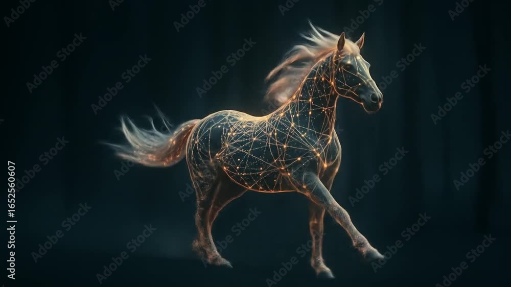 Poster digital dream: abstract horses with glowing nodes in dark elegant setting