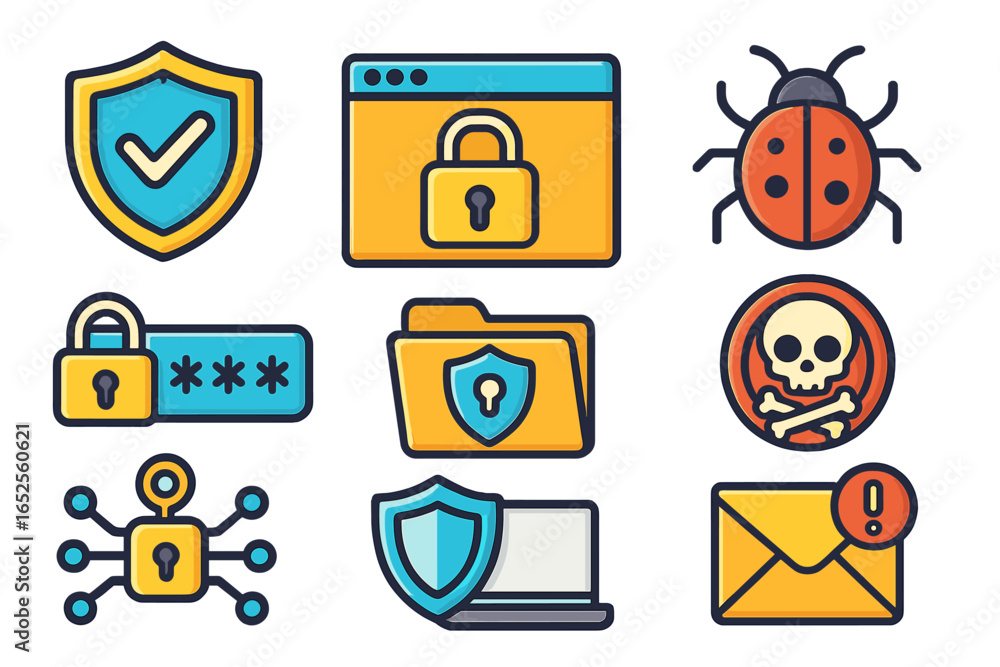 Poster cybersecurity icon set. digital safety and data protection concepts. vector icons for virus, malware