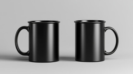 3D illustration of two black metal mugs, one positioned horizontally to display the base, the other standing upright.