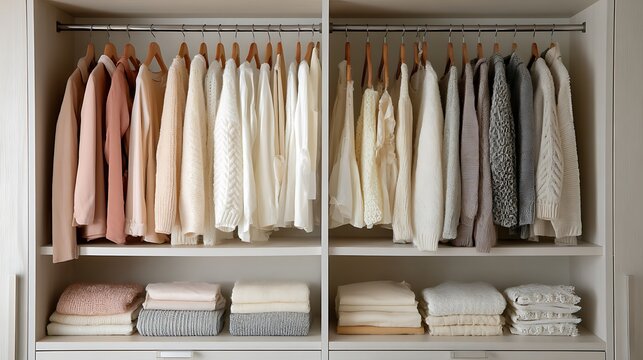 Organized minimalist closet featuring neatly arranged clothing in soft tones .