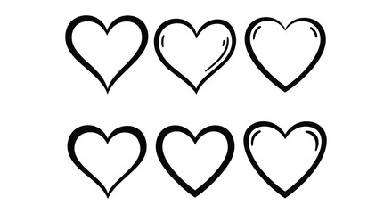 Six Hand Drawn Hearts in a Simple Black and White Illustration