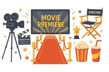 Movie premiere and film production elements set. Cinema concept with red carpet, camera, director chair, clapperboard, award, and popcorn. Vector cartoon illustration.