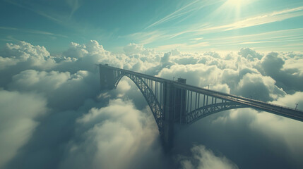 Fototapeta premium Dramatic Aerial View Steel Bridge Above Cloudscape Landscape Scenery Image