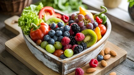 A heartshaped bowl overflowing with a vibrant assortment of fresh fruits, berries, and vegetables, accompanied by almonds on a rustic wooden surface, showcasing a healthy and colorful culinary delight