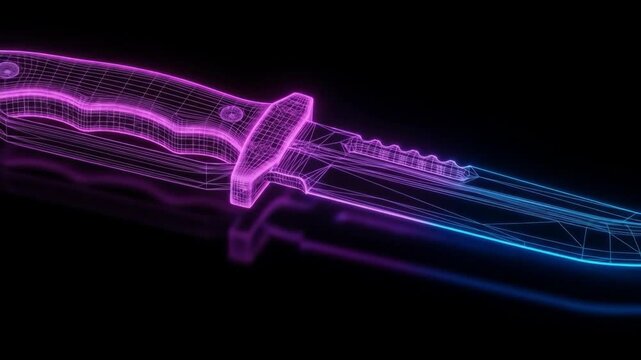 Neon Wireframe Hunting Knife - A hunting knife is depicted in a wireframe style, illuminated with vibrant neon blue and pink hues against a black background.