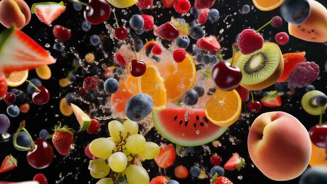 una explosi&oacute;n de frutas de temporada, con diversas frutas frescas (fresas, cerezas, melocotones, ciruelas, sand&iacute;a, uvas, ar&aacute;ndanos y naranjas) flotando en el aire en pleno estallido din&aacute;mico.