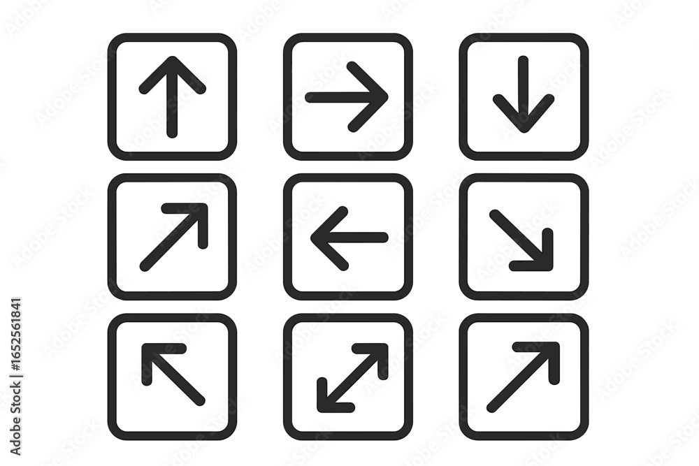 Poster arrow icon pack. collection of linear navigation symbols. up, down, left, right and diagonal directi