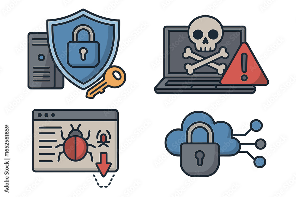 Poster cybersecurity icon set. data protection, network security. virus attack, malware, hacking threat, bu