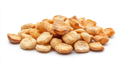 Round baked crackers and crunchy bread croutons, isolated on a white background.