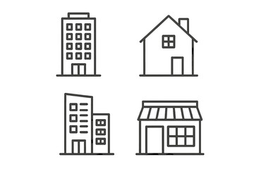 Fototapeta premium Building icon set. Minimalist outline icons of urban architecture. House, office, apartment, shop symbols. Real estate & construction pictogram collection for web & mobile.