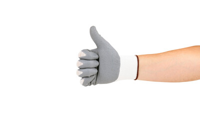 Hand in glove shows thumb up isolated on white background.