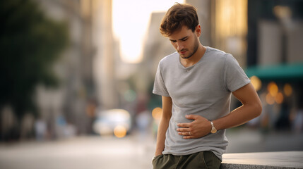 A man holds his stomach on a city street illuminated by soft light