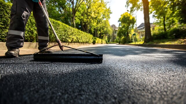 Person sealing driveway with squeegee applicator tool in sunny day. Driveway asphalt sealcoating protects pavement, prevents fractures. Maintenance worker spreads liquid tar coal. .
