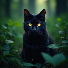 Golden eyes piercing darkness, powerful stance in dense foliage , green, cat, night