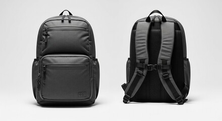 A versatile and stylish dark gray backpack showcasing front and rear designs for various