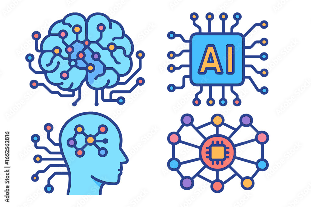 Poster ai icon set. artificial intelligence concepts with brain, cpu chip, and neural network. machine lear
