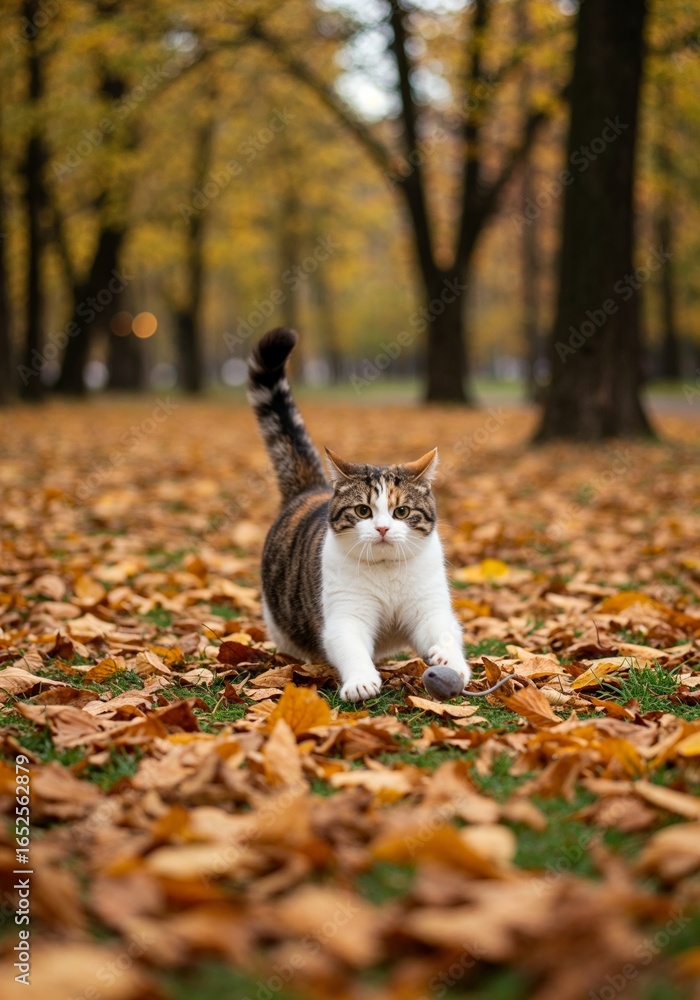 Poster Chubby Calico Cat Chasing Small Toy Mouse Amidst Fallen Autumn Leaves in a Park on an Overcast Day with Dynamic Motion Composition