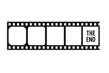 Vector film strip silhouette with empty frames and a final frame with the text The End. Seamless cinema movie tape element. Retro photo negative strip for old camera.