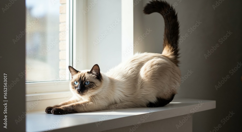 Poster siamese cat stretching lazily on a sunlit window sill in a minimalist space with soft natural light 