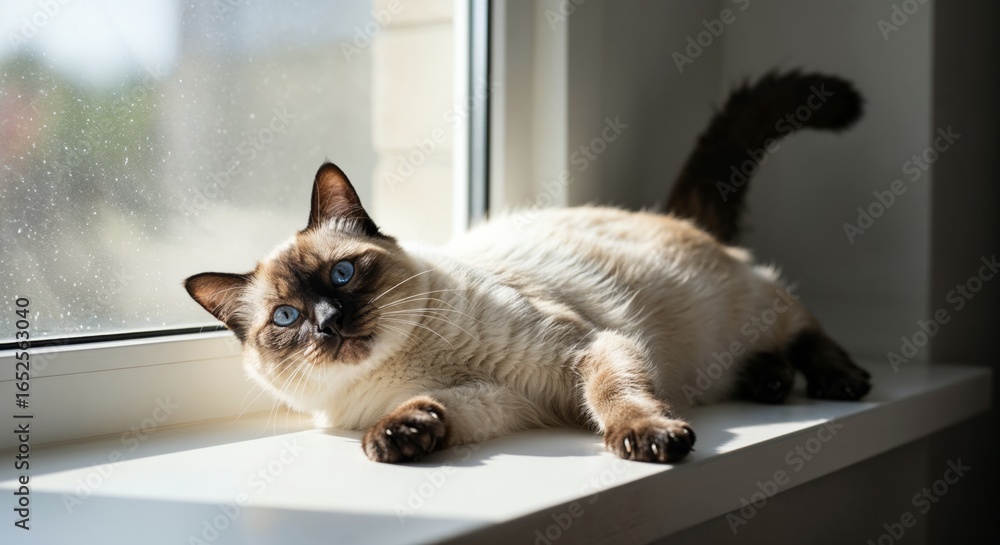 Poster Relaxed Siamese Cat Stretching Lazily on a Sunlit Window Sill with Bright Sunlight Streaming In and a Serene Empty Space in the Background