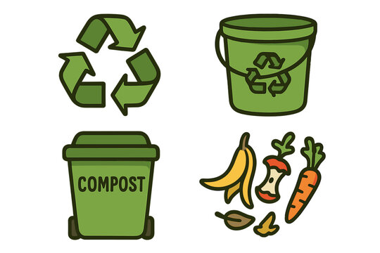 Recycling and composting icons set. Vector illustration of sustainable, eco-friendly practices. Includes compost bin, food waste, and green recycle symbol for zero waste lifestyle.