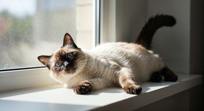 Relaxed Siamese Cat Stretching Lazily on a Sunlit Window Sill with Bright Sunlight Streaming In and a Serene Empty Space in the Background