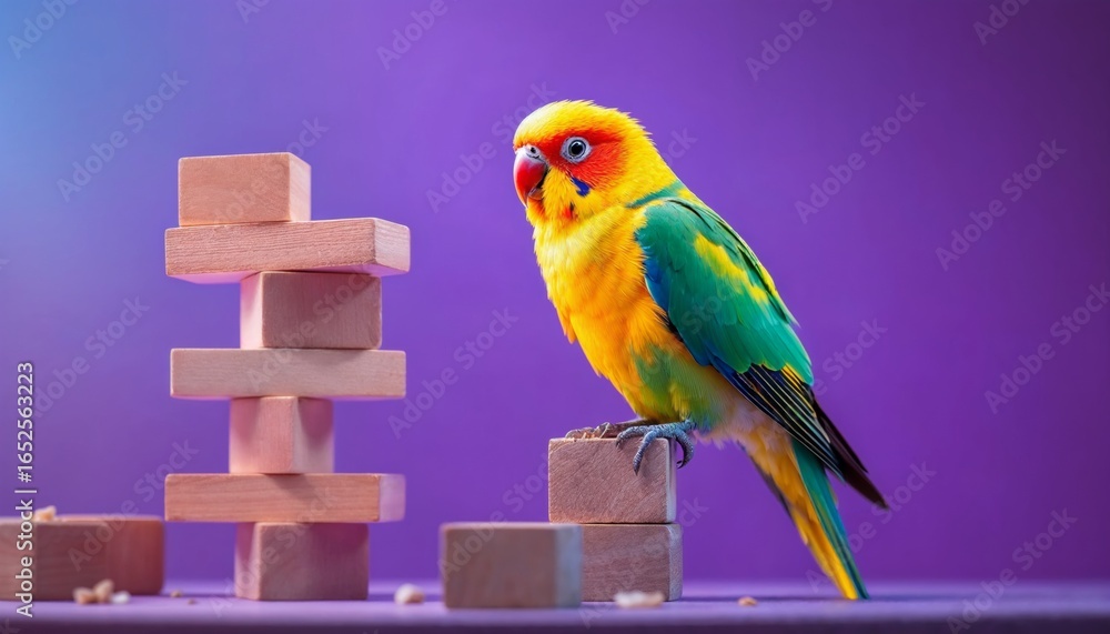 Poster vibrant parakeet perched on small wooden blocks with a gradient purple background and dynamic lighti