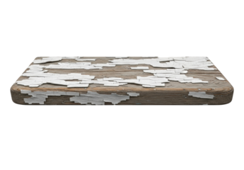 An old, weathered wooden window sill with peeling, flaking paint revealing textured wood, against a seamless transparent background, high-angle studio shot, study of material decay