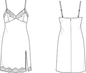 Sexy lingerie slip dress vector illustration, lace trim detail, side button slit, adjustable straps, front and back technical flat sketch