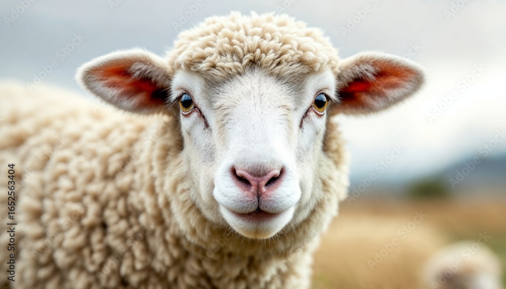 Aufkleber close-up portrait of a cute woolly sheep with soft face against a peaceful farm background and ample
