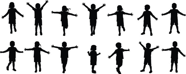 Silhouette children playing, kids with open arms, happy boys and girls, group activity illustration, childhood fun, vector black design isolated background