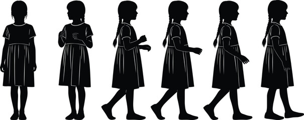 Silhouette of little girl walking sequence, child in dress side view, stages of movement, vector illustration, childhood concept, isolated black design